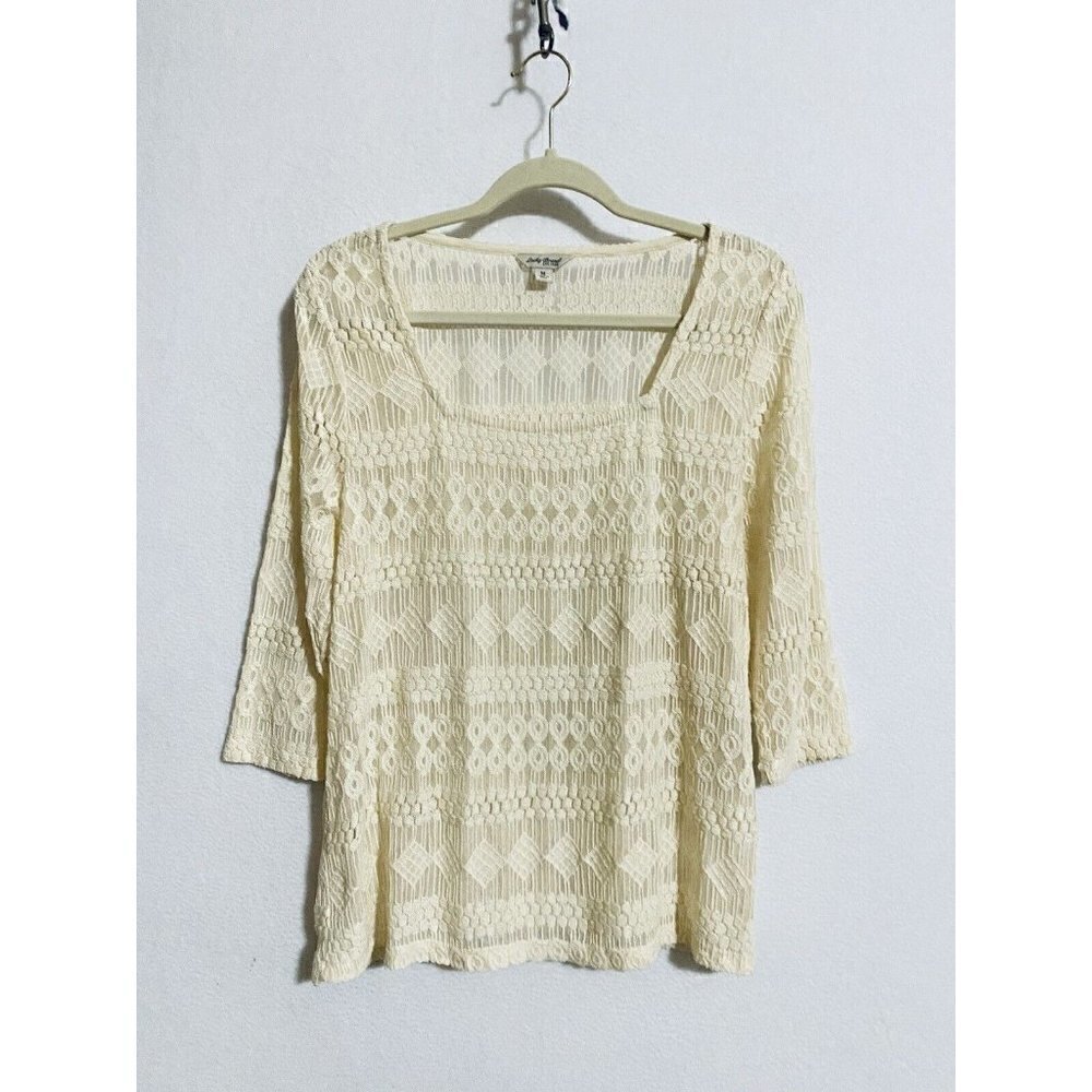 Lucky Brand Womens Medium Embroidered Tribal Print Sheer Top 3/4 Sleeve Ivory